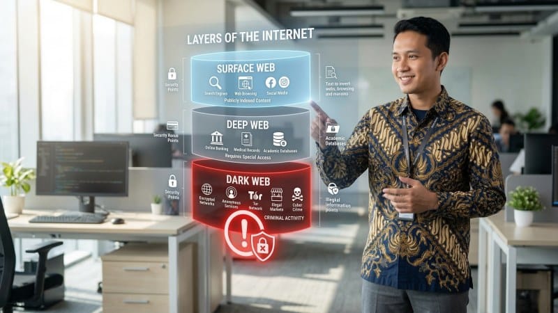 Pakar IT Indonesia menjelaskan perbedaan surface web, deep web, dan bahaya dark web secara edukatif.