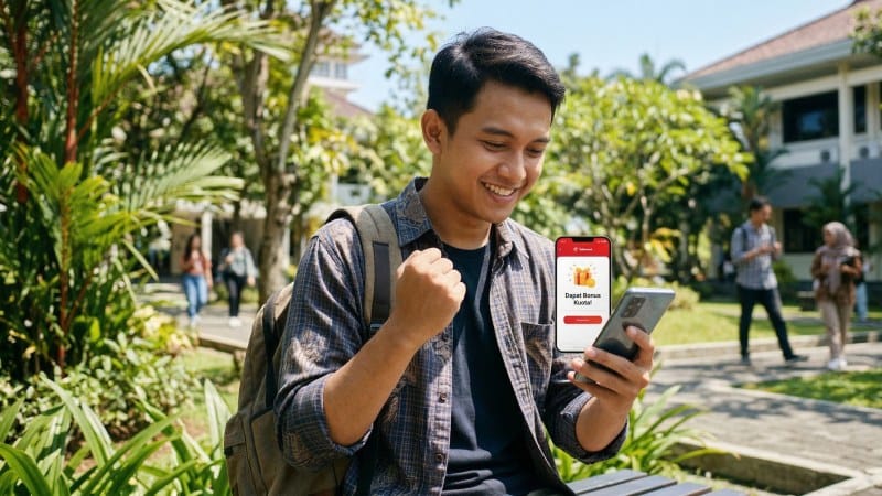 Mahasiswa Indonesia tersenyum senang setelah berhasil mengklaim bonus kuota Telkomsel gratis di smartphon