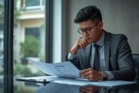 Calon debitur sedang memeriksa laporan keuangan dan skor kredit sebelum mengajukan KPR Bank Sinarmas agar pengajuan cicilan rumah disetujui.