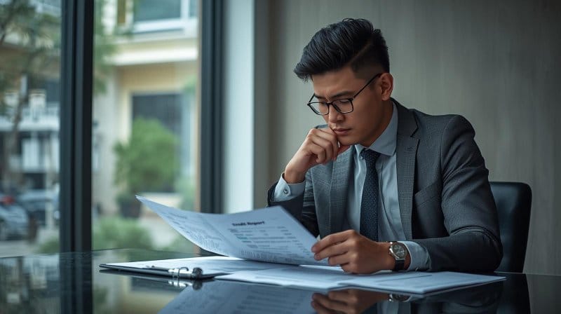 Calon debitur sedang memeriksa laporan keuangan dan skor kredit sebelum mengajukan KPR Bank Sinarmas agar pengajuan cicilan rumah disetujui.