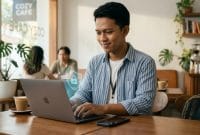 Pria Indonesia merasa aman menggunakan laptop dengan perlindungan keamanan akun digital yang kuat