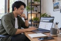 Blogger menggunakan laptop untuk memilih domain bagi blog pribadi.