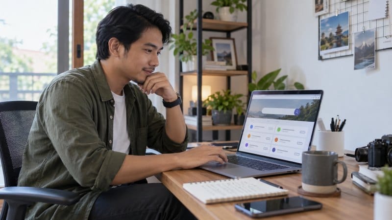 Blogger menggunakan laptop untuk memilih domain bagi blog pribadi.