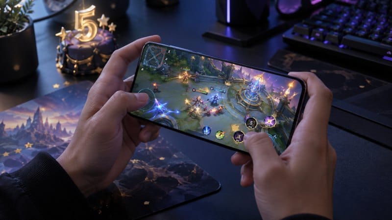 Smartphone menampilkan permainan MOBA bertema fantasy