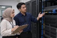 Ilustrasi cara memilih firewall melalui peninjauan perangkat jaringan bersama dua anggota tim IT.