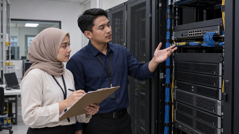 Ilustrasi cara memilih firewall melalui peninjauan perangkat jaringan bersama dua anggota tim IT.